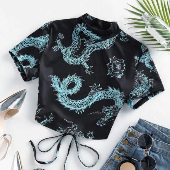 Dragon print mock neck open back tie crop tee - Picture 1 of 3